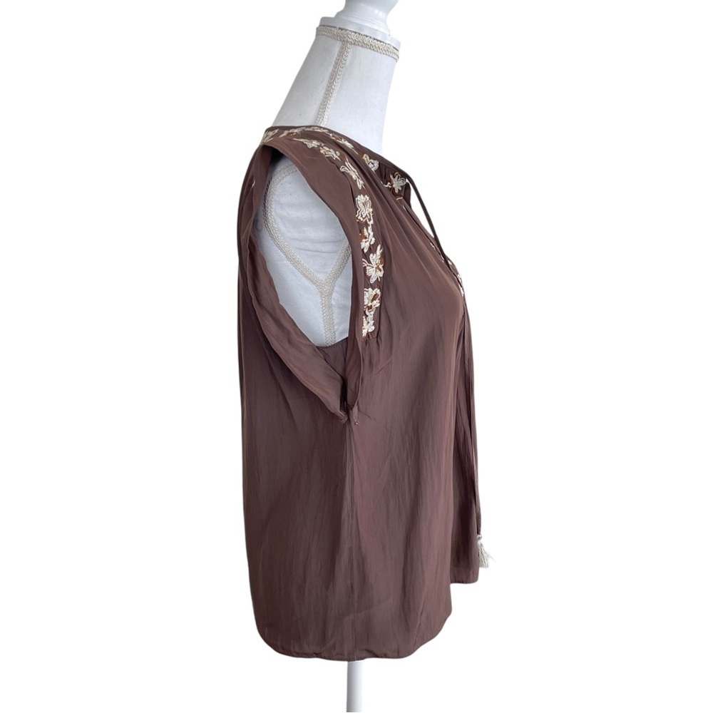 Ramy Brook Short Ruffle Sleeves Tie Neck Floral Embroidery Brown Blouse - Picture 4 of 9